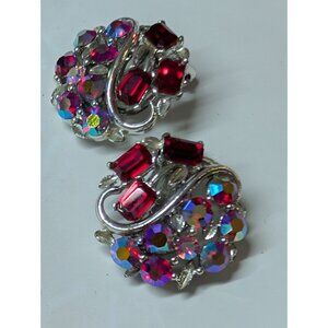 Vintage Lisner Silver-Tone Clip-On Earrings Red Iridescent Rhinestones